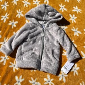 NWT $30 Light Soft Grey Plush Teddy Full-Zip Infant Jacket with Ears 6mos Unisex